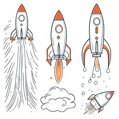 vector set illustration in cartoon line style of rocket