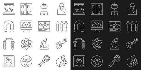 Set line Biological structure, Syringe, Reagent bottle, Genetically modified food, engineering modification, Magnet, Automatic irrigation sprinklers and Chemical formula icon. Vector