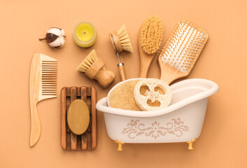 zero waste eco friendly concept for bathroom and kitchen. wooden natural brushes, solid soap, washcloth luffa, wooden comb