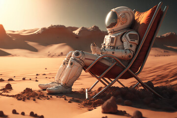 3d illustration of an astronaut lounging on mars - obrazy, fototapety, plakaty