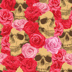 Seamless pattern with human skulls and red roses. Vector background with sinister smiling skulls. Graphic print for clothes, fabric, wallpaper, wrapping paper