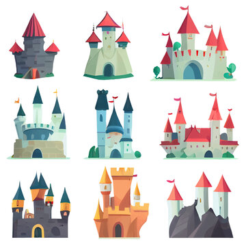 vector set illustration in cartoon style protected concept knightly castle