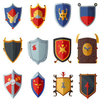 vector set illustration in cartoon style protected concept shields metal knightly