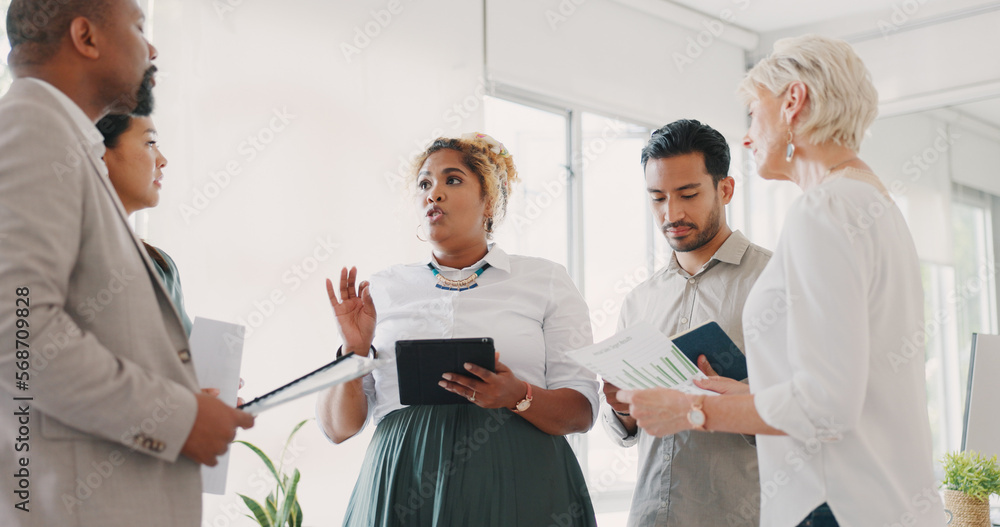 Poster Data analytics, startup or business people with tablet for social media feedback, communication or networking. Diversity, data or teamwork with document for KPI research, SEO review or website growth