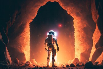 3d illustration of an astronaut in front of a tunnel on mars