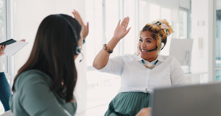 Women, business and excited for planning, conversation and workplace. Female employees, coworkers...