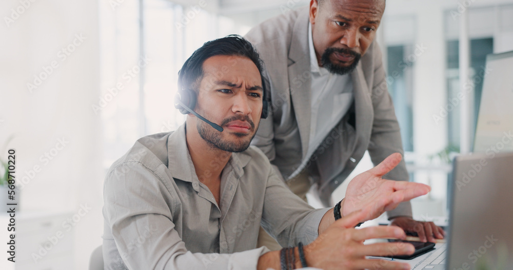 Aufkleber Call center, help and manager with team support, problem solving and solution for software error, website 404 and glitch. Information technology, confused and leader with employee advice for mistake