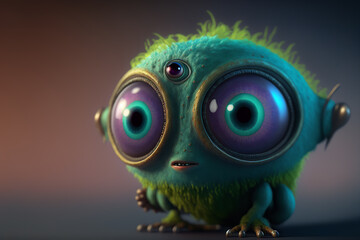 Naklejka premium Cute monster with big glossy eyes looking like a video games character. Colorful lights and cartoon style. Generative ai