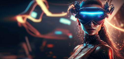 Beautiful futuristic woman using virtual reality glasses in the Metaverse. Girl with VR device and digital elements around her head. Generative ai