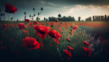 Botanical field with red poppy flowers in summer day