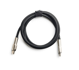 Coiled usb-c cable isolated on white background.