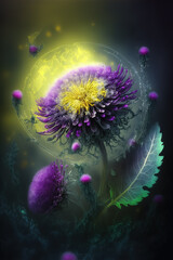 Obraz na płótnie Canvas Fantasy flower background, purple clover flower, green leaves, fog around, Generative Ai
