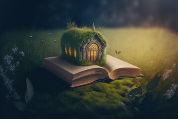 Fairytale fantasy book on the green grass, Generative Ai