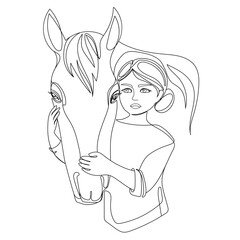 Continuous line drawing little child girl with horse Minimal art vector illustration.Love for animals concept.People and animal.Girl and horse liner design for poster,coloring,print,emblem 