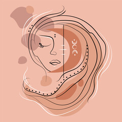 Modern line minimalistic women face with moon and abstract shapes Vector illustration.Magic occult image of woman in trendy Minimal art liner style,emblem,icon,logo,brochure cover design