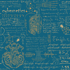 Fototapeta premium scientist-inventor with formulas and sketches of robots