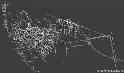Detailed negative navigation white lines urban street roads map of the KALTENMOOR DISTRICT of the German town of LÜNEBURG, Germany on dark gray background