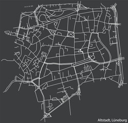 Detailed negative navigation white lines urban street roads map of the ALTSTADT DISTRICT of the German town of LÜNEBURG, Germany on dark gray background