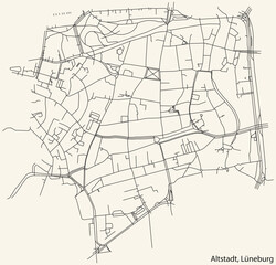 Detailed navigation black lines urban street roads map of the ALTSTADT DISTRICT of the German town of LÜNEBURG, Germany on vintage beige background