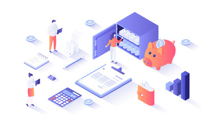 Financial calculations. Bookkeeping, audit, analysis, reporting, accounting. Invoice, piggy bank, safe, money, calculator, receipt. Isometry illustration with people scene for web graphic.