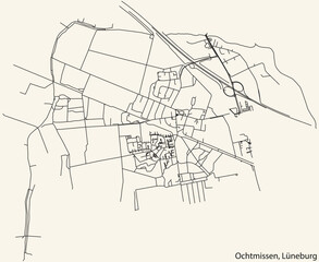 Detailed navigation black lines urban street roads map of the OCHTMISSEN DISTRICT of the German town of LÜNEBURG, Germany on vintage beige background