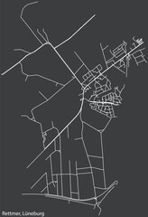 Detailed negative navigation white lines urban street roads map of the RETTMER DISTRICT of the German town of LÜNEBURG, Germany on dark gray background