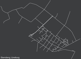 Detailed negative navigation white lines urban street roads map of the EBENSBERG DISTRICT of the German town of LÜNEBURG, Germany on dark gray background