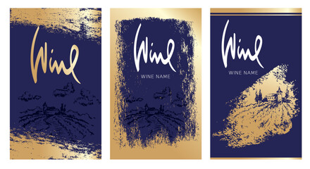 Fototapeta na wymiar Collection labels for wine. Vector illustration, set of backgrounds with grapes and gold strokes.