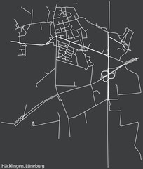 Detailed negative navigation white lines urban street roads map of the HÄCKLINGEN DISTRICT of the German town of LÜNEBURG, Germany on dark gray background