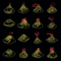 Volcano icons set. Isometric set of volcano vector icons neon on black isolated