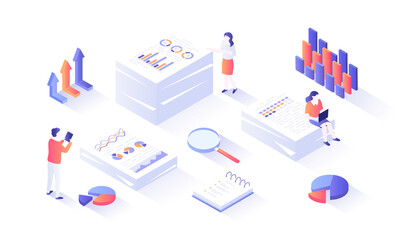 Fototapeta premium Statistics, document analysis, data collection. Research and information processing. Stacks of documents with graphs, charts, diagrams. Isometry illustration with people scene for web graphic.