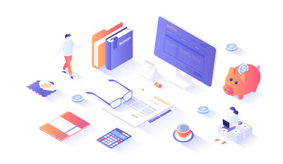 Accounting, bookkeeping, calculation. Bill, tax, receipt payment. Account form, documents, calculator, money. Isometry illustration with people scene for web graphic.