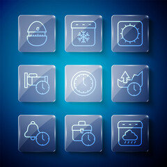Set line Alarm clock, Work time, Calendar autumn, Sun, Clock, Time to sleep, Kitchen timer and Stocks market growth graphs icon. Vector