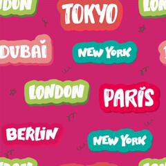 Cities of the world seamless patterns. Vector Typography background. Words in the English language.