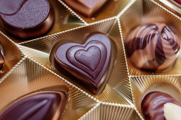 Assortment of fine chocolate candies, white, dark and milk chocolate. Sweets background. Top view.
