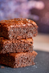 Dark chocolate brownies stack, lavender flowers