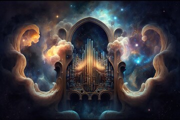 pipe organ in deep space nebula illustration generative ai - obrazy, fototapety, plakaty