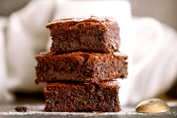 Dark chocolate brownies stack, close-up