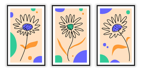 One line of abstract three floral posters isolated on white background. Hand drawing continuous line minimalism.