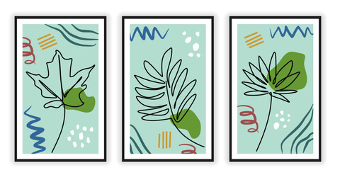 One line of three abstract floral posters isolated on white background. Hand drawing continuous line minimalism.