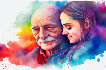 A portrait of an elderly man and his granddaughter, showcasing the bond of generations, ai illustration. A touching tribute to family and love