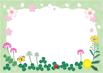 春の野の草花のフレーム（緑）
