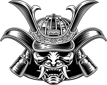 recommend clip art: Samurai Mask Helmet Vintage Etching Woodcut Style