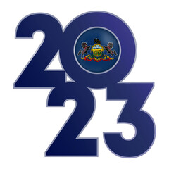 2023 banner with Pennsylvania state flag inside. Vector illustration.