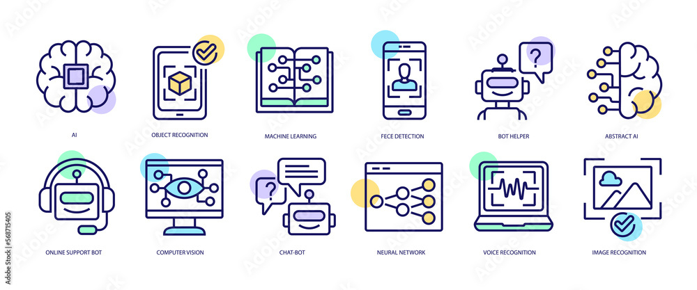 Aufkleber set of linear icons with ai concept in purple, yellow on blue colors. icons represent the part, func