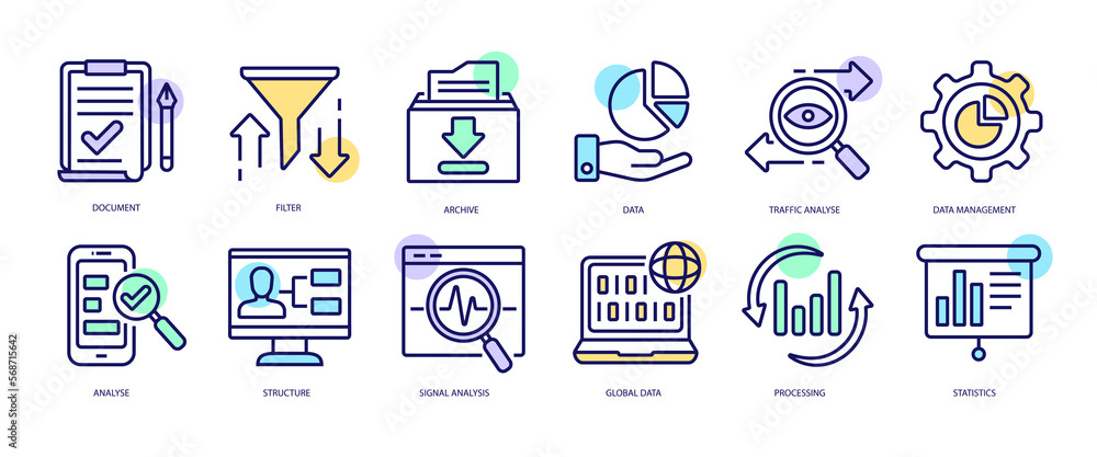 Poster set of linear icons with data analysis concept in purple, yellow on blue colors. images of complex p