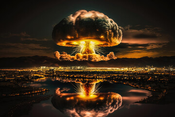 Powerful explosion fire in the shape of a nuclear mushroom cloud over night view of the future city. Generative Ai
 - obrazy, fototapety, plakaty