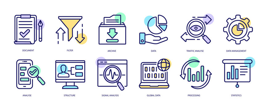 Set of linear icons with Data Analysis concept in purple, yellow on blue colors. Images of complex processes involving data analysis from various gadgets.