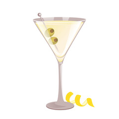"Dry martini "cocktail with olives.Classic alcoholic cocktail with gin and vermouth.Vector illustration.