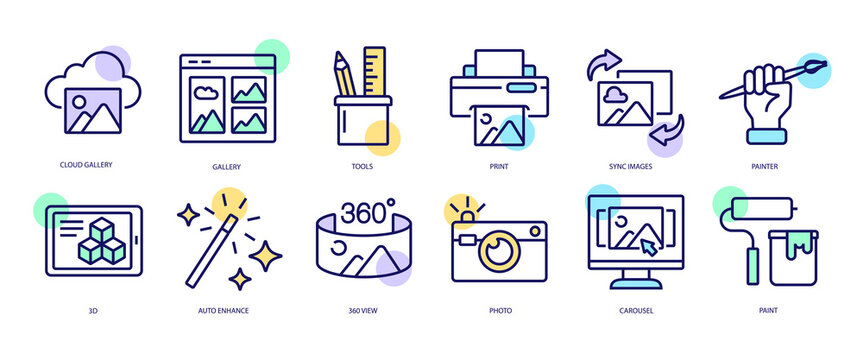 Set of linear icons with Image concept in purple, yellow on blue colors. Process of creating, editing and uploading various images.